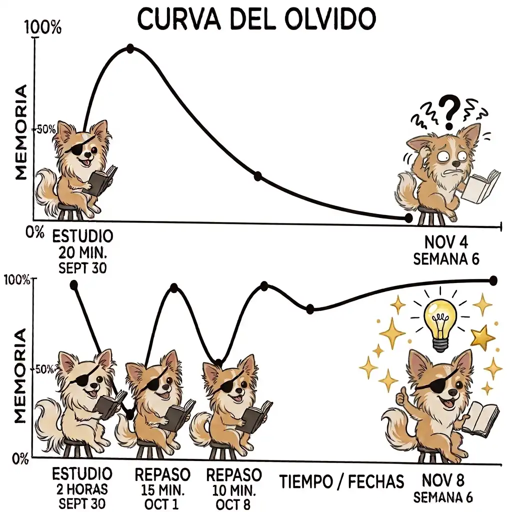 Viñeta que compara el recuerdo con repasos espaciados frente a una sesión de estudio larga sin repasos.